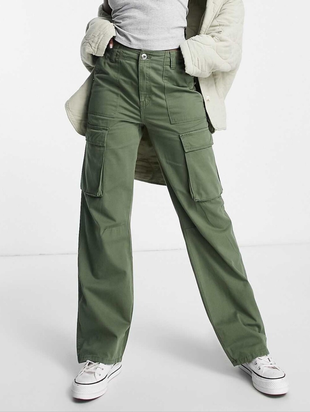 Bershka Medium-Rise Straight Leg Chino Cargo Trouser
